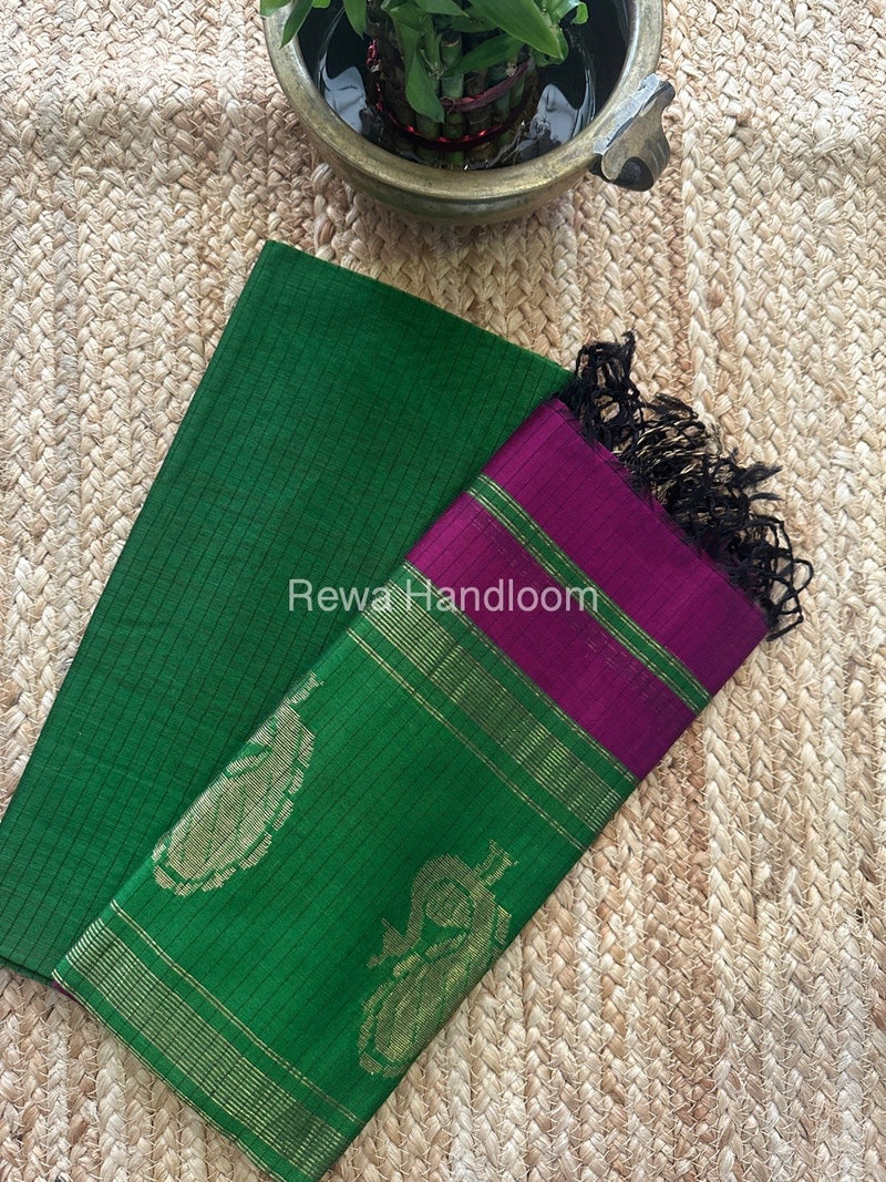 Maheshwari Mehendi Green-Dark Magenta Peacock Buta-Buti Top-Dupatta Set MS06