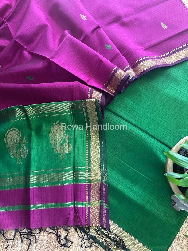 Maheshwari Mehendi Green-Dark Magenta Peacock Buta-Buti Top-Dupatta Set MS06
