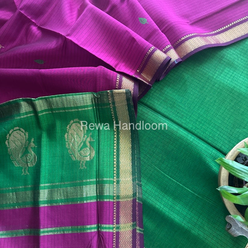 Maheshwari Mehendi Green-Dark Magenta Peacock Buta-Buti Top-Dupatta Set MS06