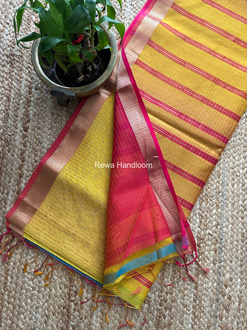 Maheshwari Yellow Zari Checks Shaded Saree ZCSS01