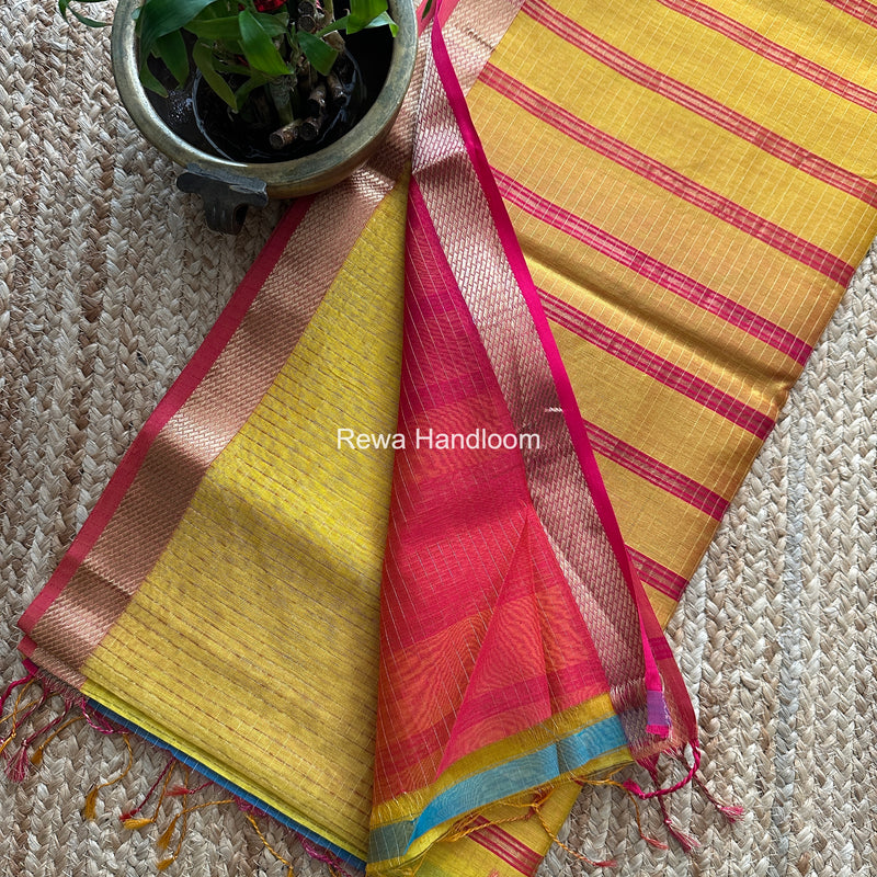 Maheshwari Yellow Zari Checks Shaded Saree ZCSS01