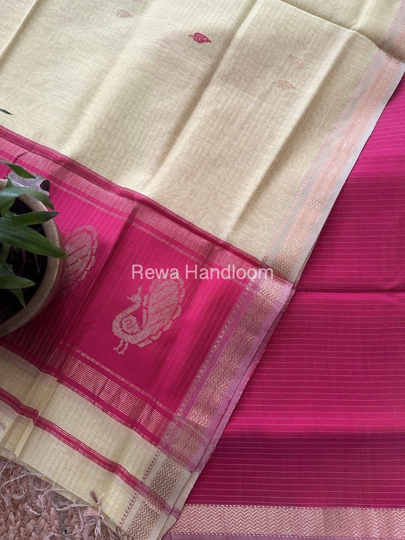 Maheshwari Rani Pink-Cream Yellow Motifs Top-Dupatta Set MS042