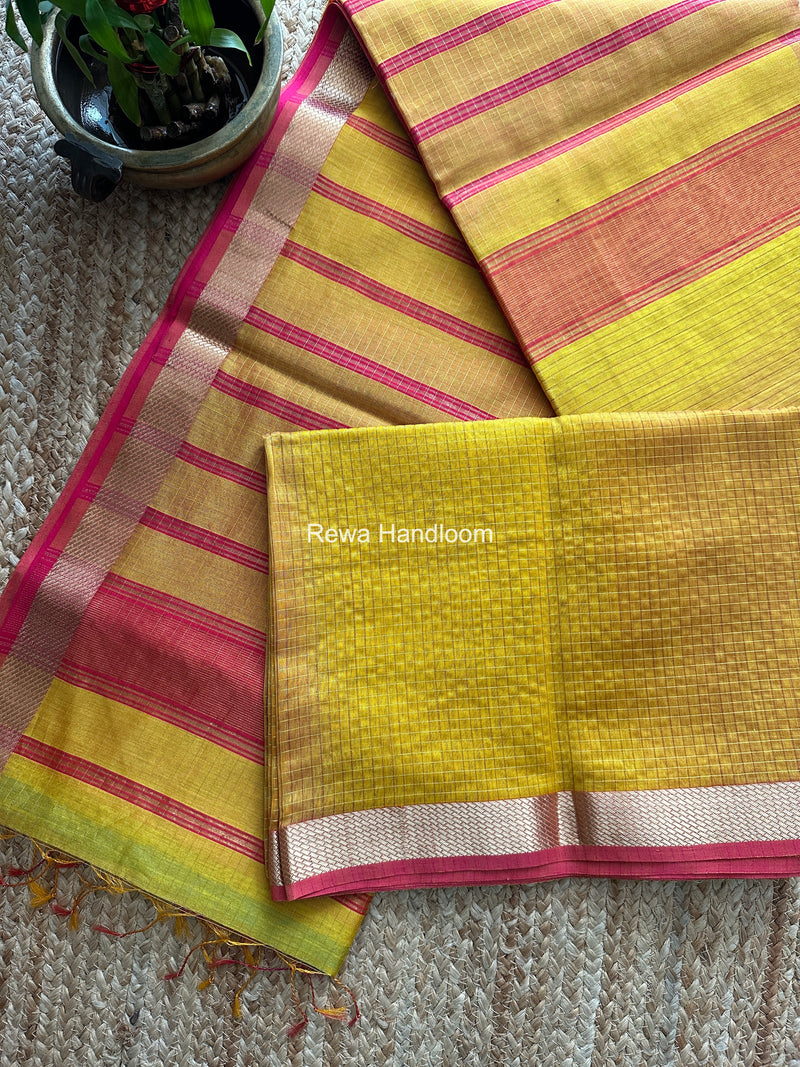 Maheshwari Yellow Zari Checks Shaded Saree ZCSS01