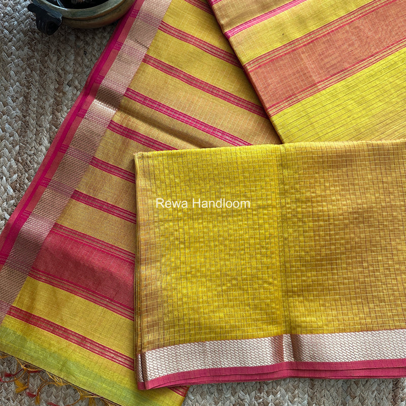 Maheshwari Yellow Zari Checks Shaded Saree ZCSS01