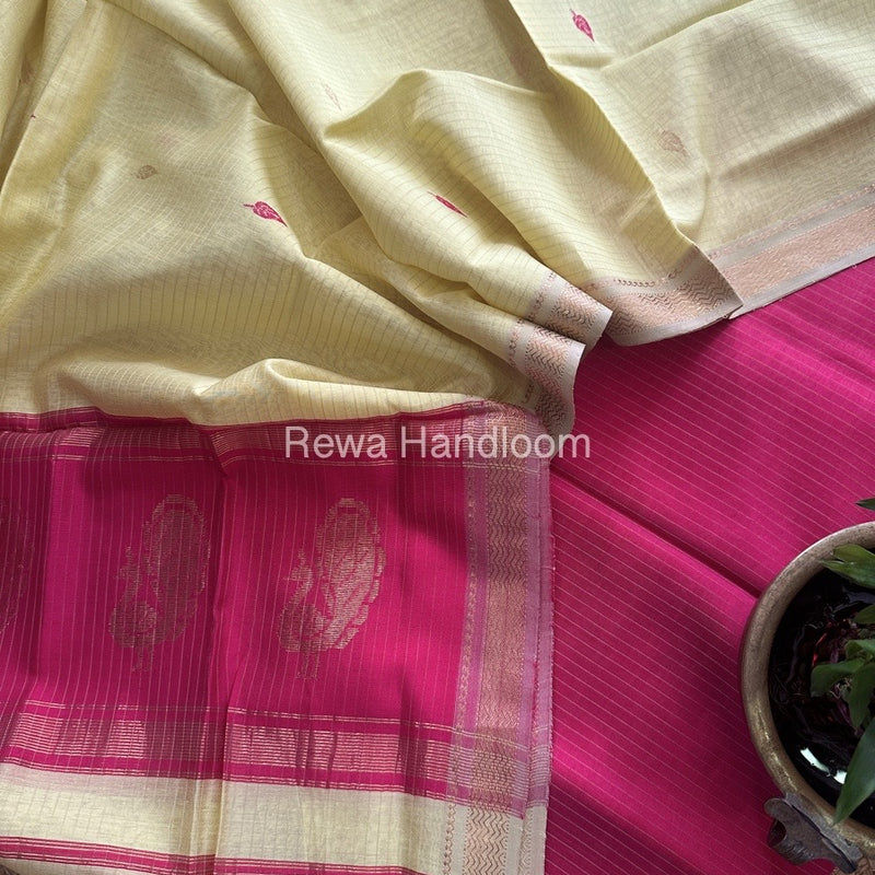 Maheshwari Rani Pink-Cream Yellow Motifs Top-Dupatta Set MS042