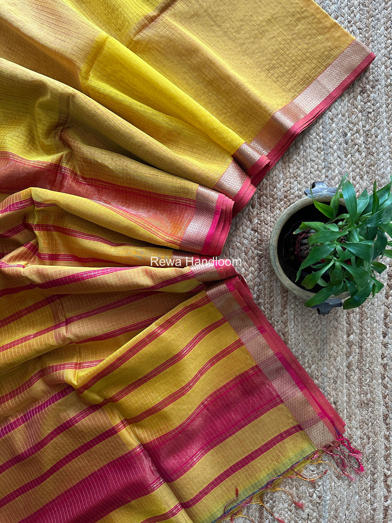 Maheshwari Yellow Zari Checks Shaded Saree ZCSS01