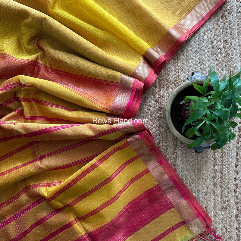 Maheshwari Yellow Zari Checks Shaded Saree ZCSS01