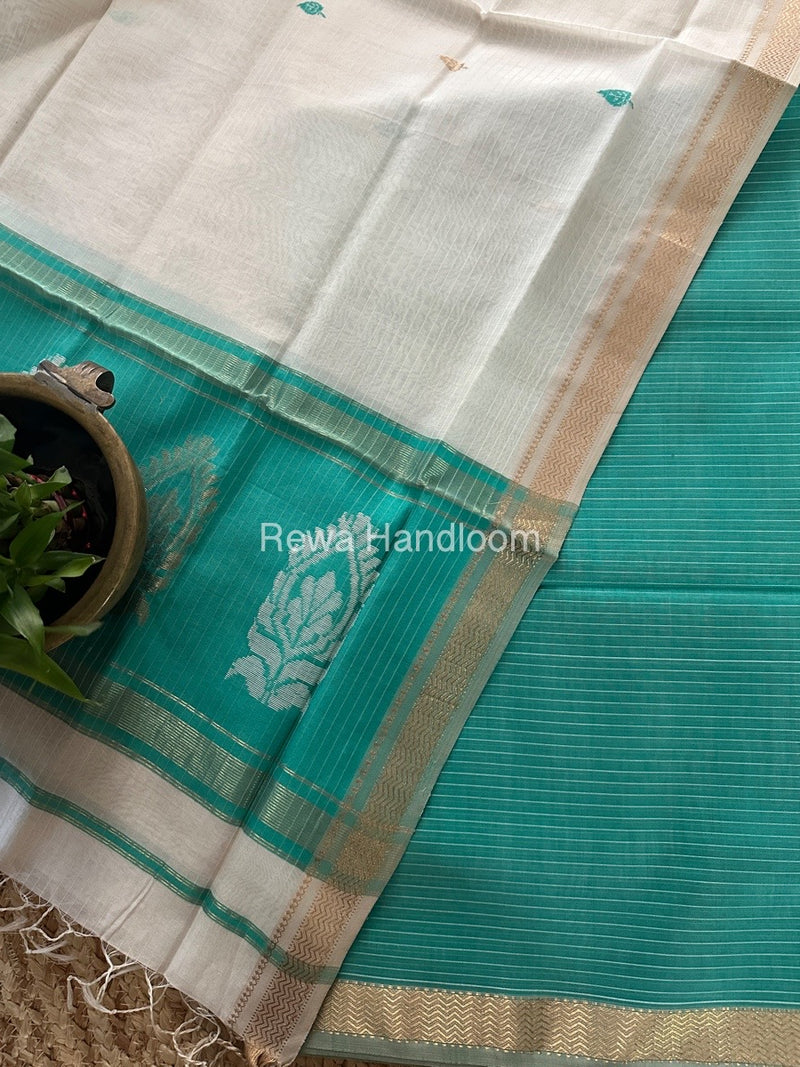 Maheshwari Teal Green-White Motifs Top-Dupatta Set MS0158