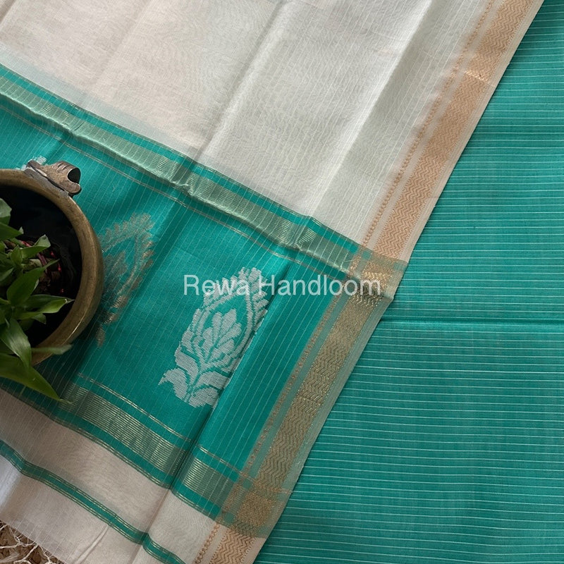 Maheshwari Teal Green-White Motifs Top-Dupatta Set MS0158