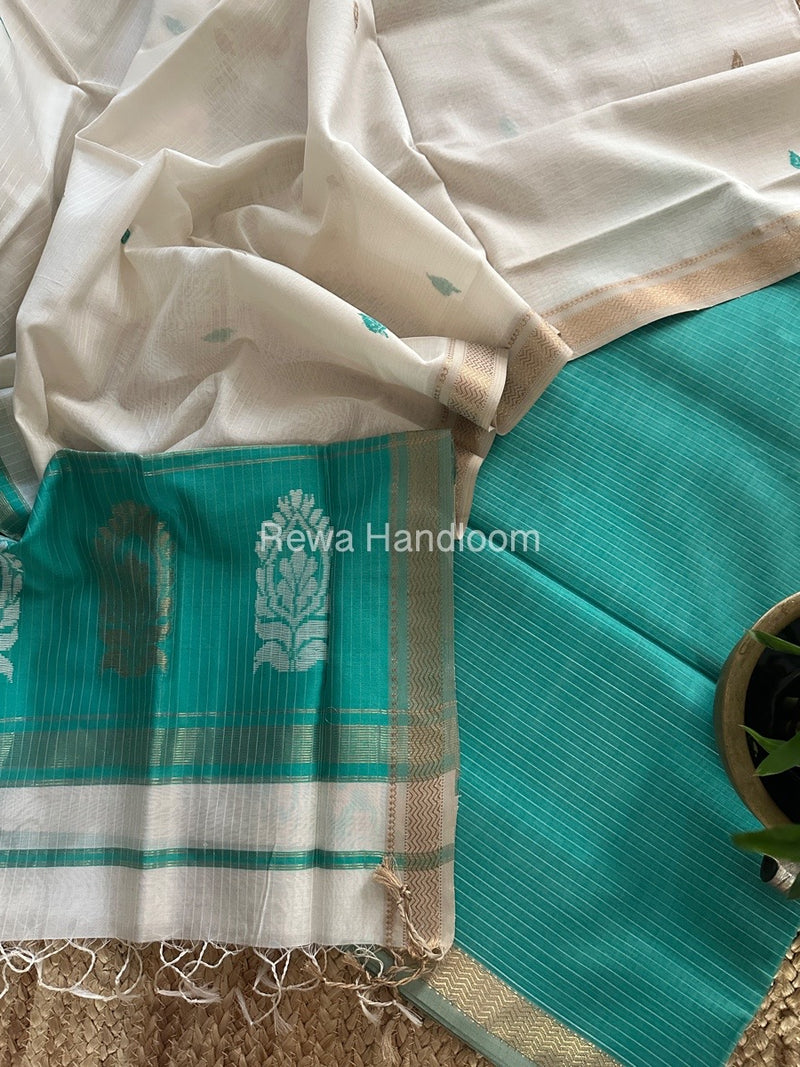 Maheshwari Teal Green-White Motifs Top-Dupatta Set MS0158