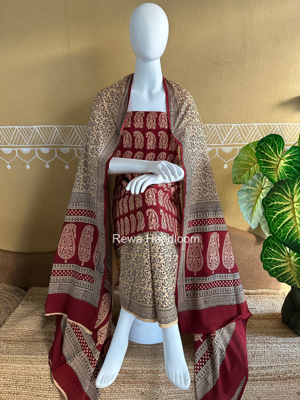 Maroon-Peach Bagh Print Cotton Suit BGCSJ0218 Rewa Handloom