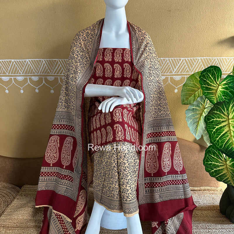 Maroon-Peach Bagh Print Cotton Suit BGCSJ0218 Rewa Handloom