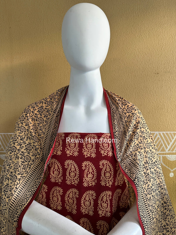 Maroon-Peach Bagh Print Cotton Suit BGCSJ0218 Rewa Handloom