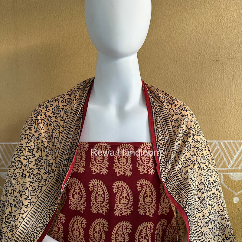 Maroon-Peach Bagh Print Cotton Suit BGCSJ0218 Rewa Handloom