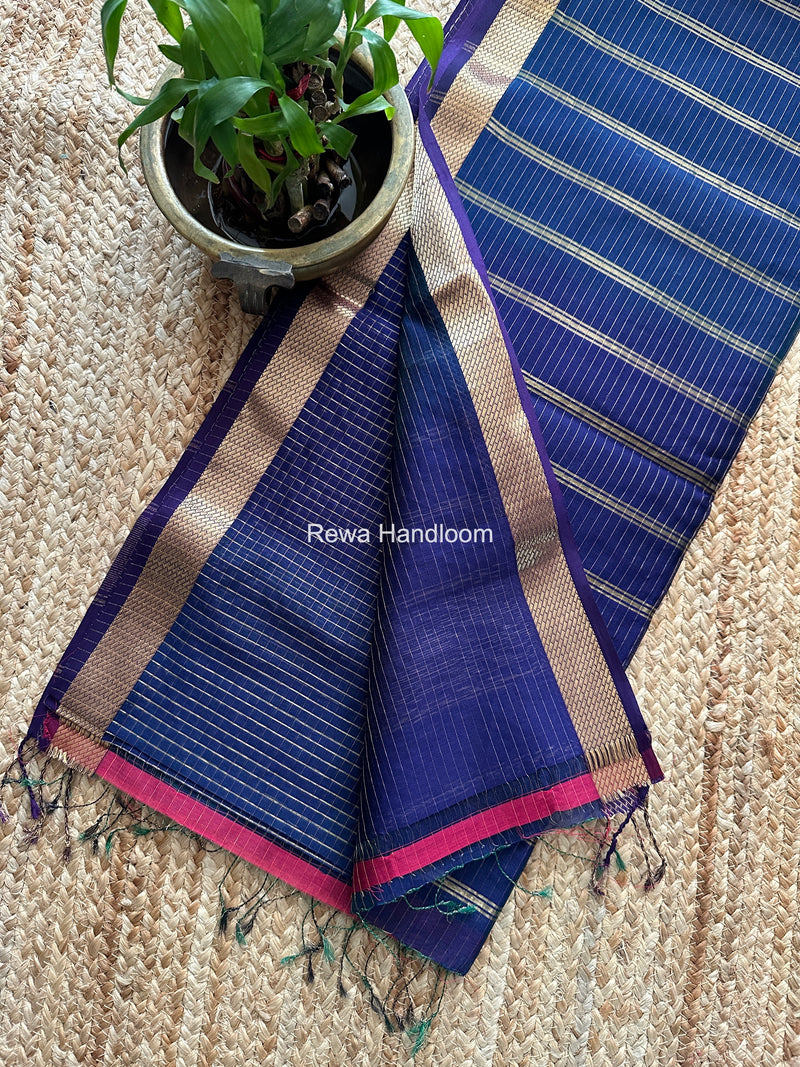 Maheshwari Navy Blue Zari Checks Shaded Saree ZCSS04