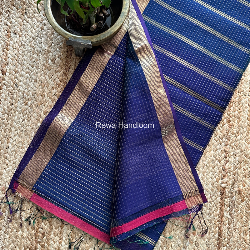 Maheshwari Navy Blue Zari Checks Shaded Saree ZCSS04