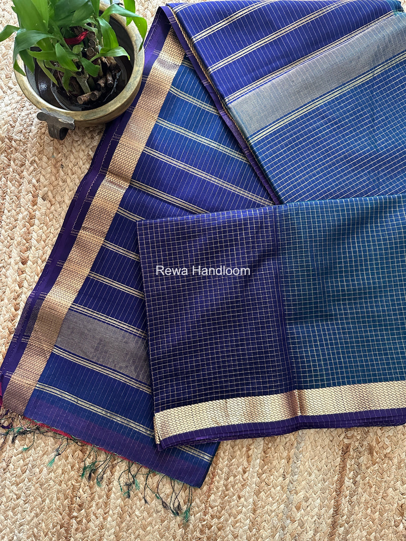Maheshwari Navy Blue Zari Checks Shaded Saree ZCSS04