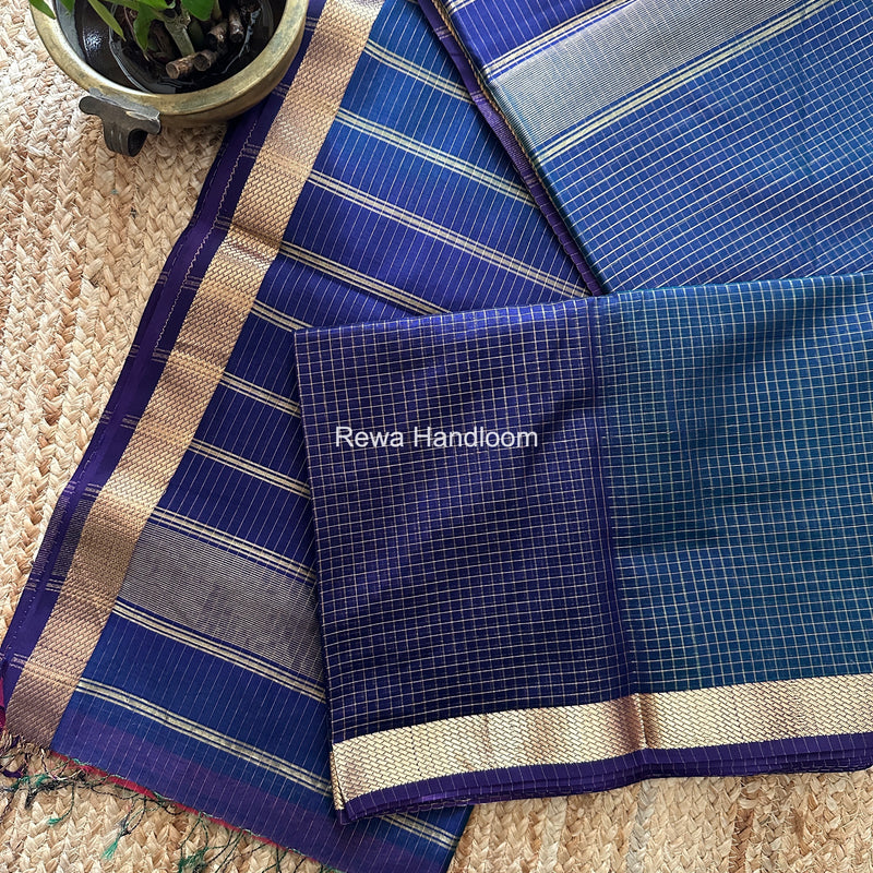 Maheshwari Navy Blue Zari Checks Shaded Saree ZCSS04