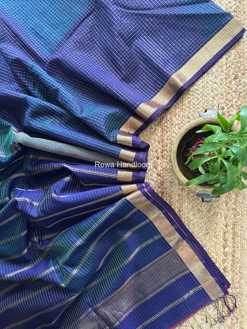 Maheshwari Navy Blue Zari Checks Shaded Saree ZCSS04