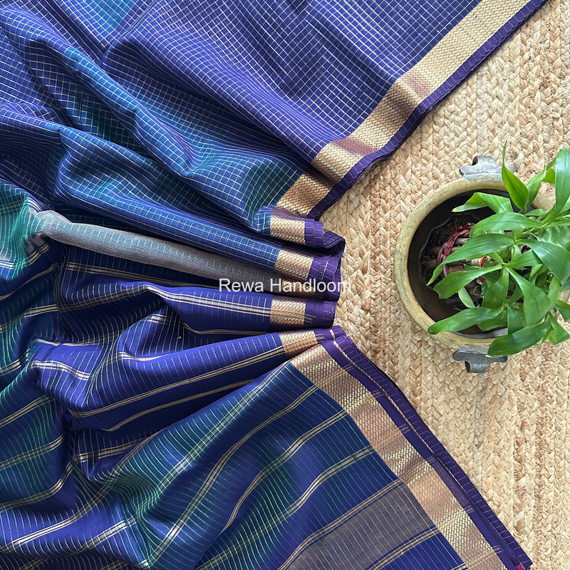 Maheshwari Navy Blue Zari Checks Shaded Saree ZCSS04