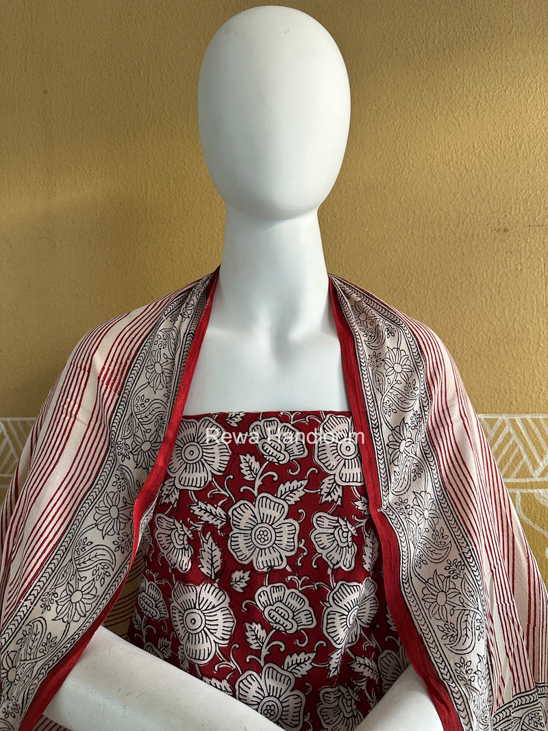 Red-White Bagh Print Cotton Suit-BCS06