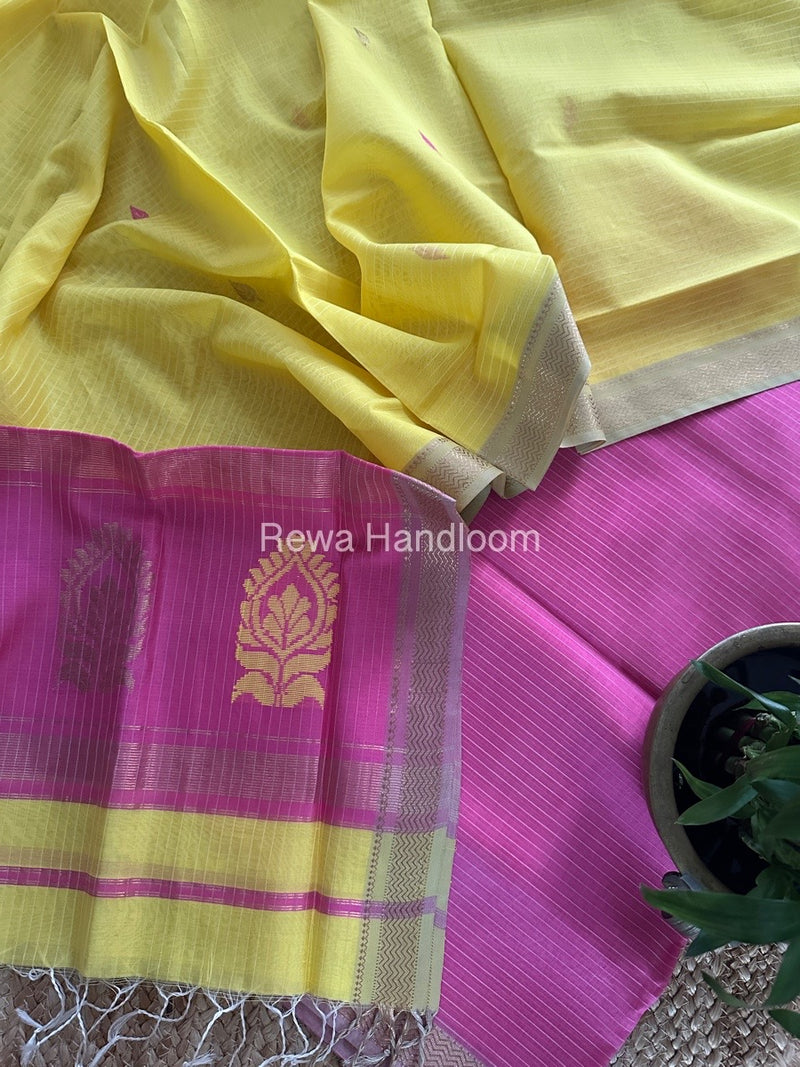 Maheshwari Pink-Yellow Motifs Top-Dupatta Set MS0174