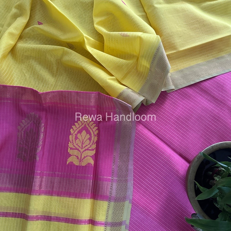 Maheshwari Pink-Yellow Motifs Top-Dupatta Set MS0174