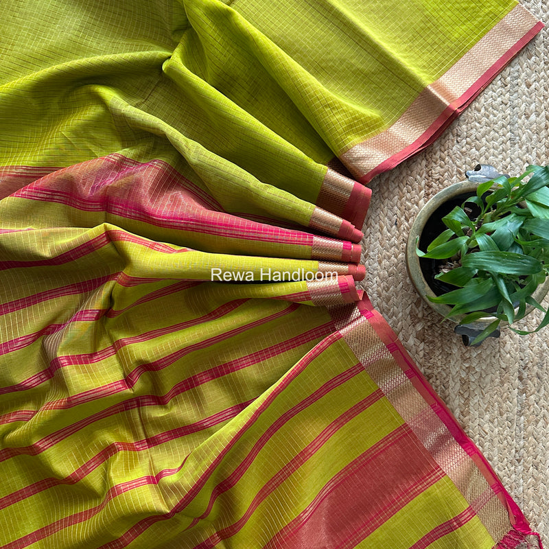 Maheshwari Parrot Green Zari Checks Shaded Saree ZCSS03