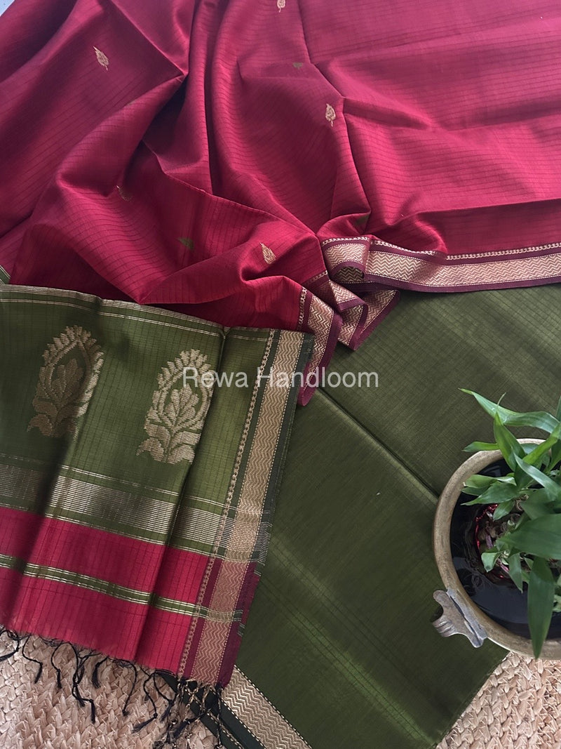 Maheshwari Mehendi Green-Red Motifs Top-Dupatta Set MS0176