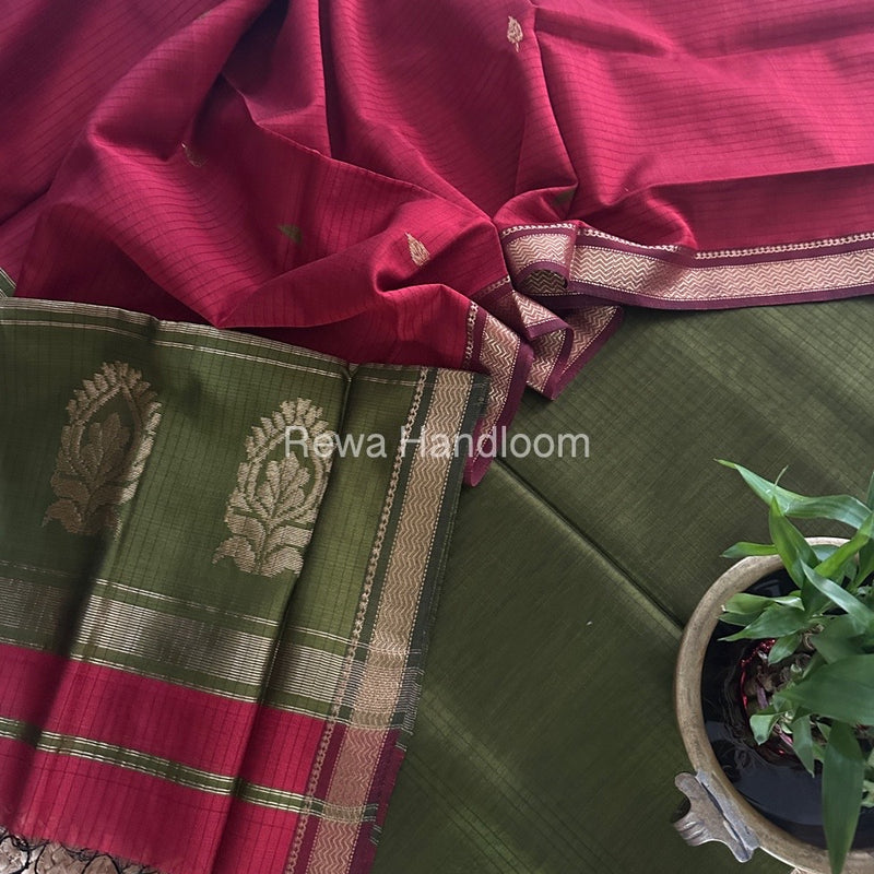 Maheshwari Mehendi Green-Red Motifs Top-Dupatta Set MS0176