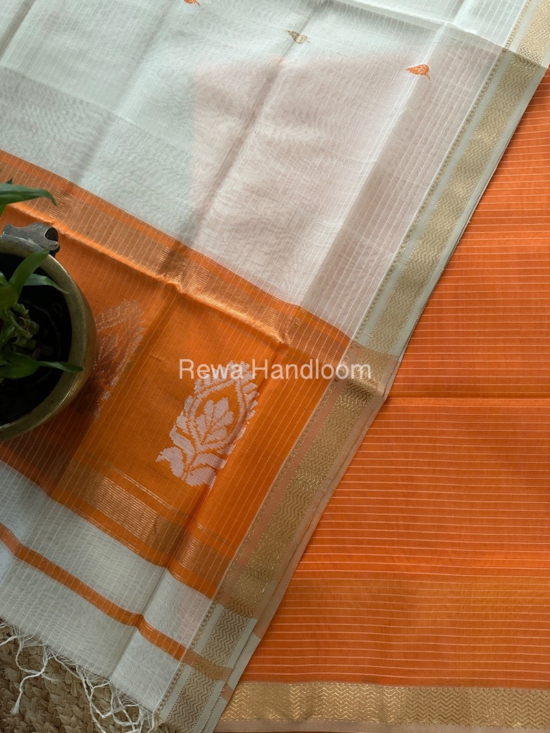 Maheshwari Orange-White Motifs Top-Dupatta Set MS0179