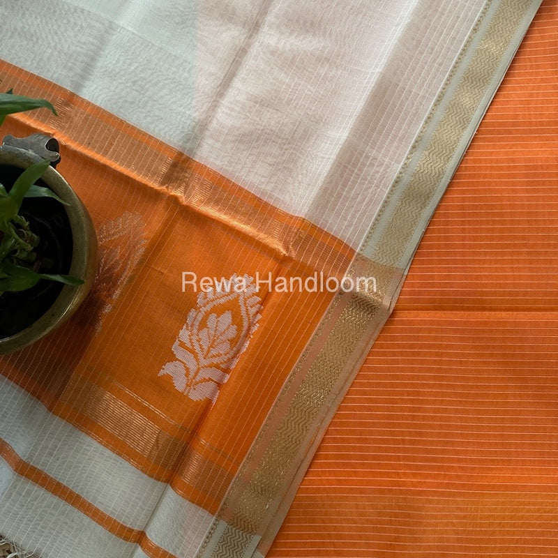 Maheshwari Orange-White Motifs Top-Dupatta Set MS0179