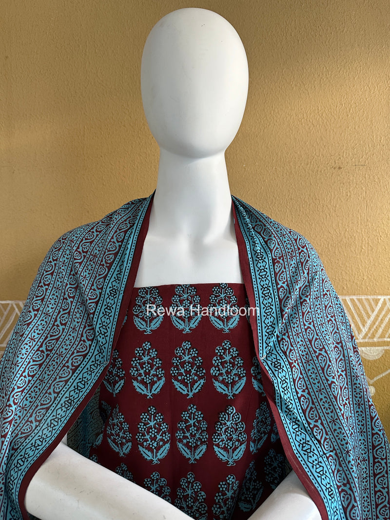 Maroon-Sky Blue Bagh Print Cotton Suit BGCSJ0206