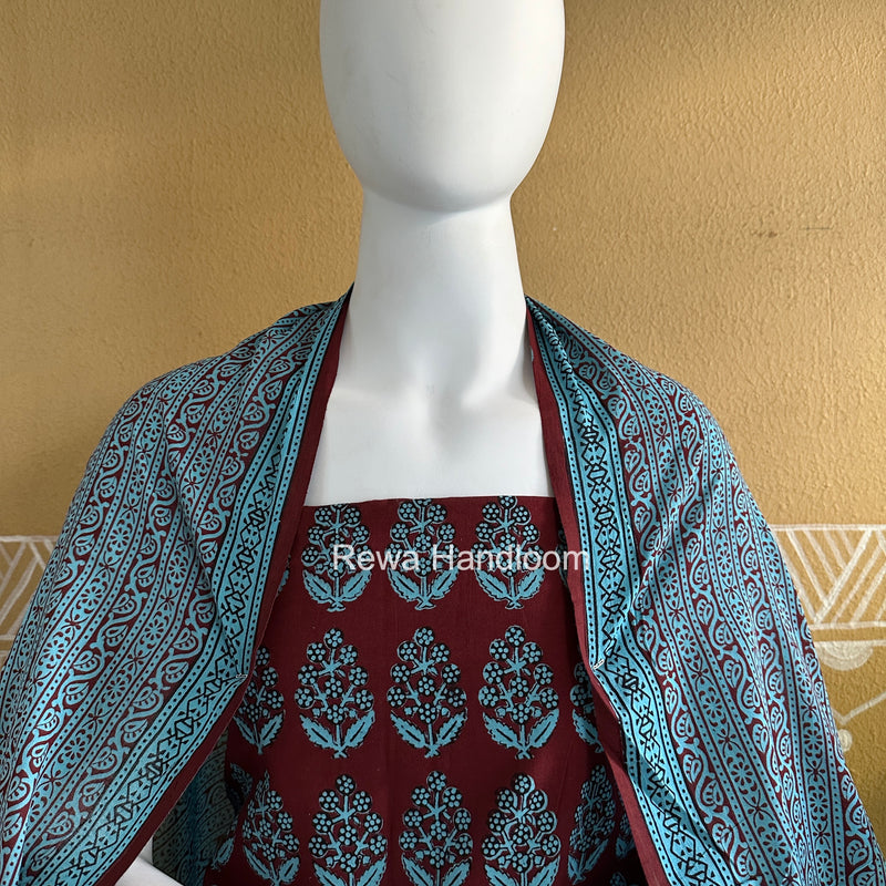 Maroon-Sky Blue Bagh Print Cotton Suit BGCSJ0206