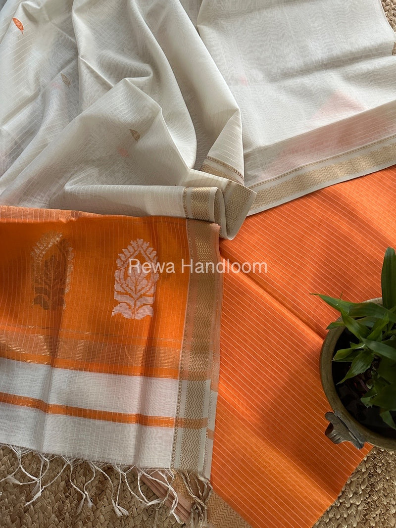 Maheshwari Orange-White Motifs Top-Dupatta Set MS0179