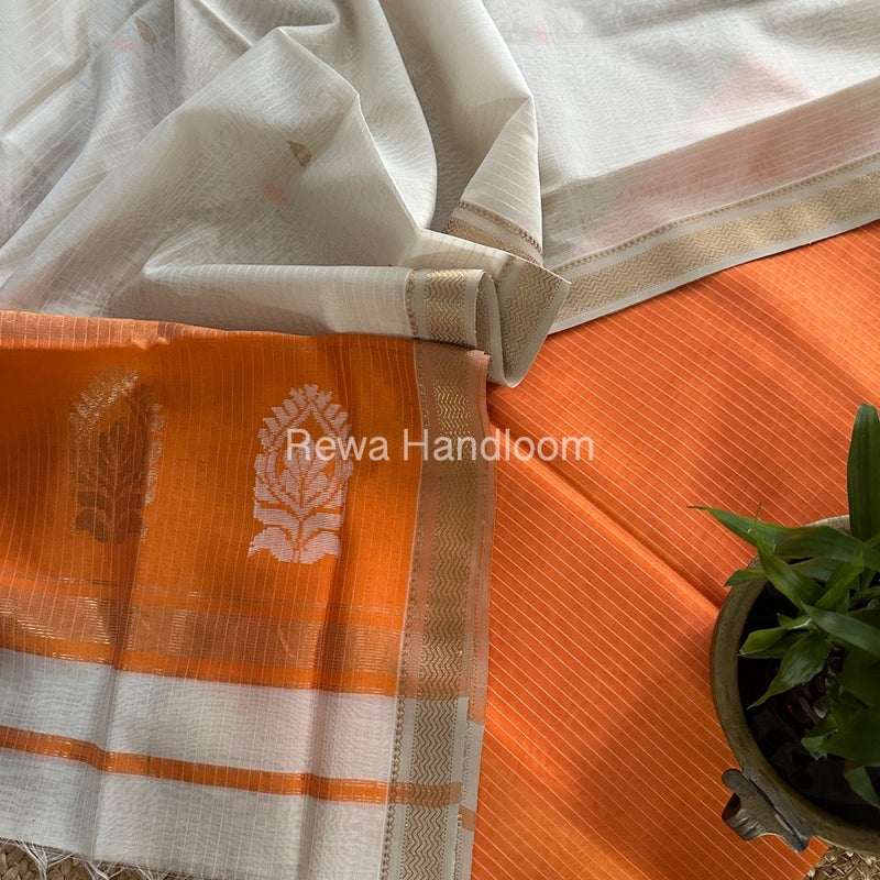 Maheshwari Orange-White Motifs Top-Dupatta Set MS0179