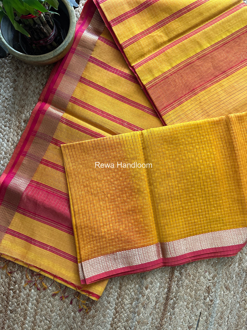 Maheshwari Yellow Zari Checks Shaded Saree ZCSS05