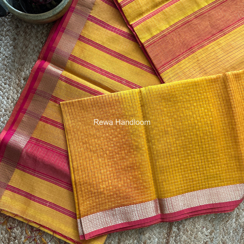 Maheshwari Yellow Zari Checks Shaded Saree ZCSS05