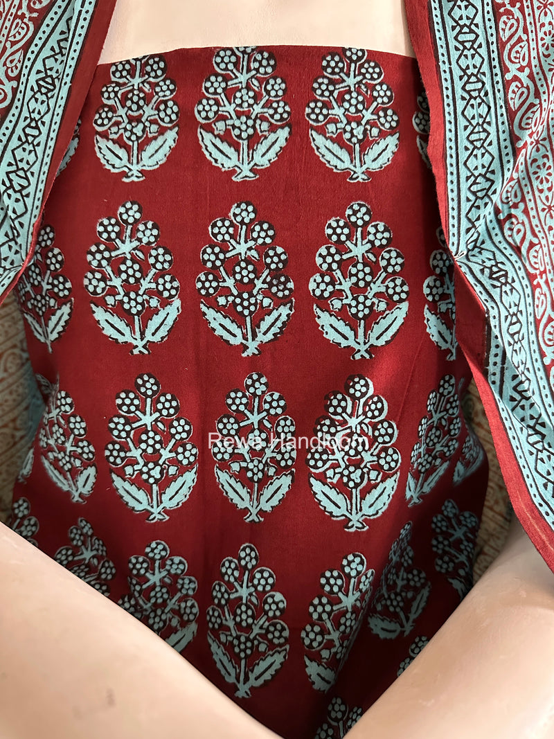 Maroon-Sky Blue Bagh Print Cotton Suit BGCSJ0206