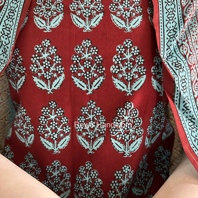 Maroon-Sky Blue Bagh Print Cotton Suit BGCSJ0206
