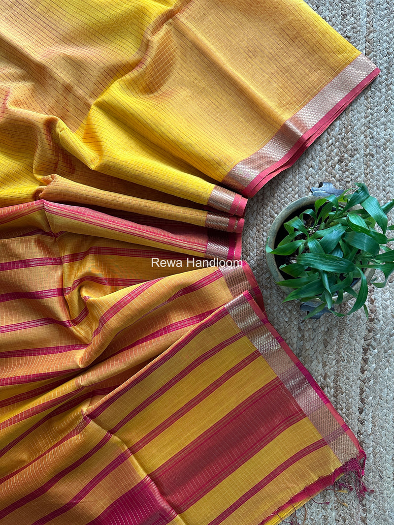 Maheshwari Yellow Zari Checks Shaded Saree ZCSS05
