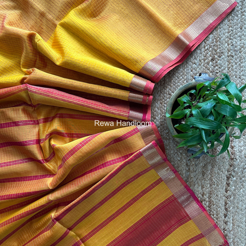 Maheshwari Yellow Zari Checks Shaded Saree ZCSS05