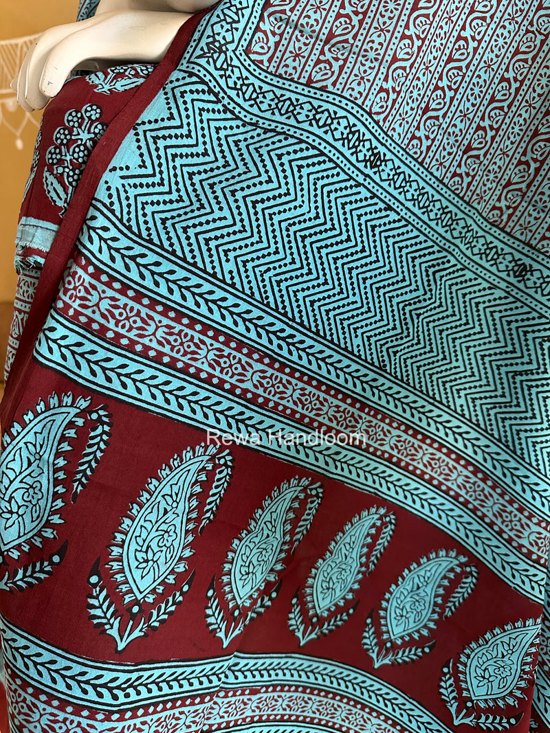 Maroon-Sky Blue Bagh Print Cotton Suit BGCSJ0206