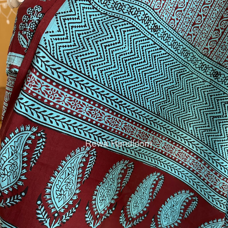 Maroon-Sky Blue Bagh Print Cotton Suit BGCSJ0206