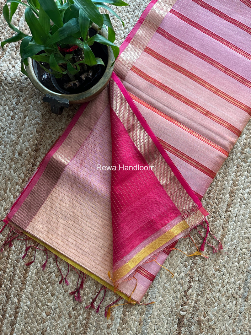 Maheshwari Baby Pink Zari Checks Shaded Saree ZCSS07