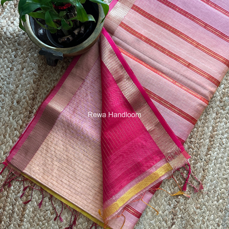 Maheshwari Baby Pink Zari Checks Shaded Saree ZCSS07