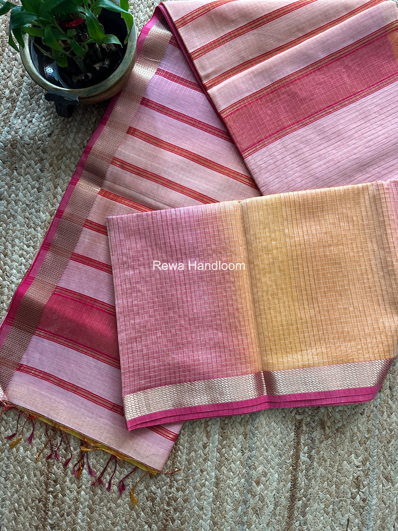 Maheshwari Baby Pink Zari Checks Shaded Saree ZCSS07