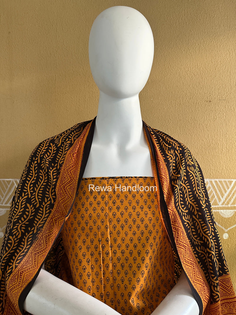 Black-Mustard Yellow Bagh Print Cotton Suit-BCS65