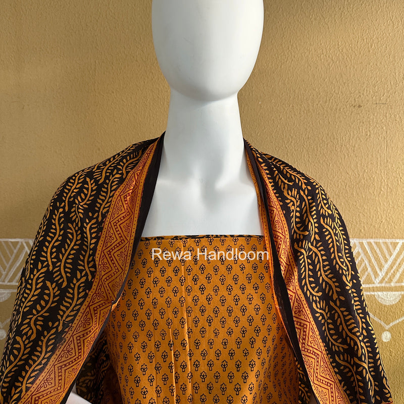 Black-Mustard Yellow Bagh Print Cotton Suit-BCS65