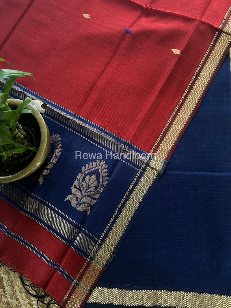 Maheshwari Blue-Red Motifs Top-Dupatta Set MS0172